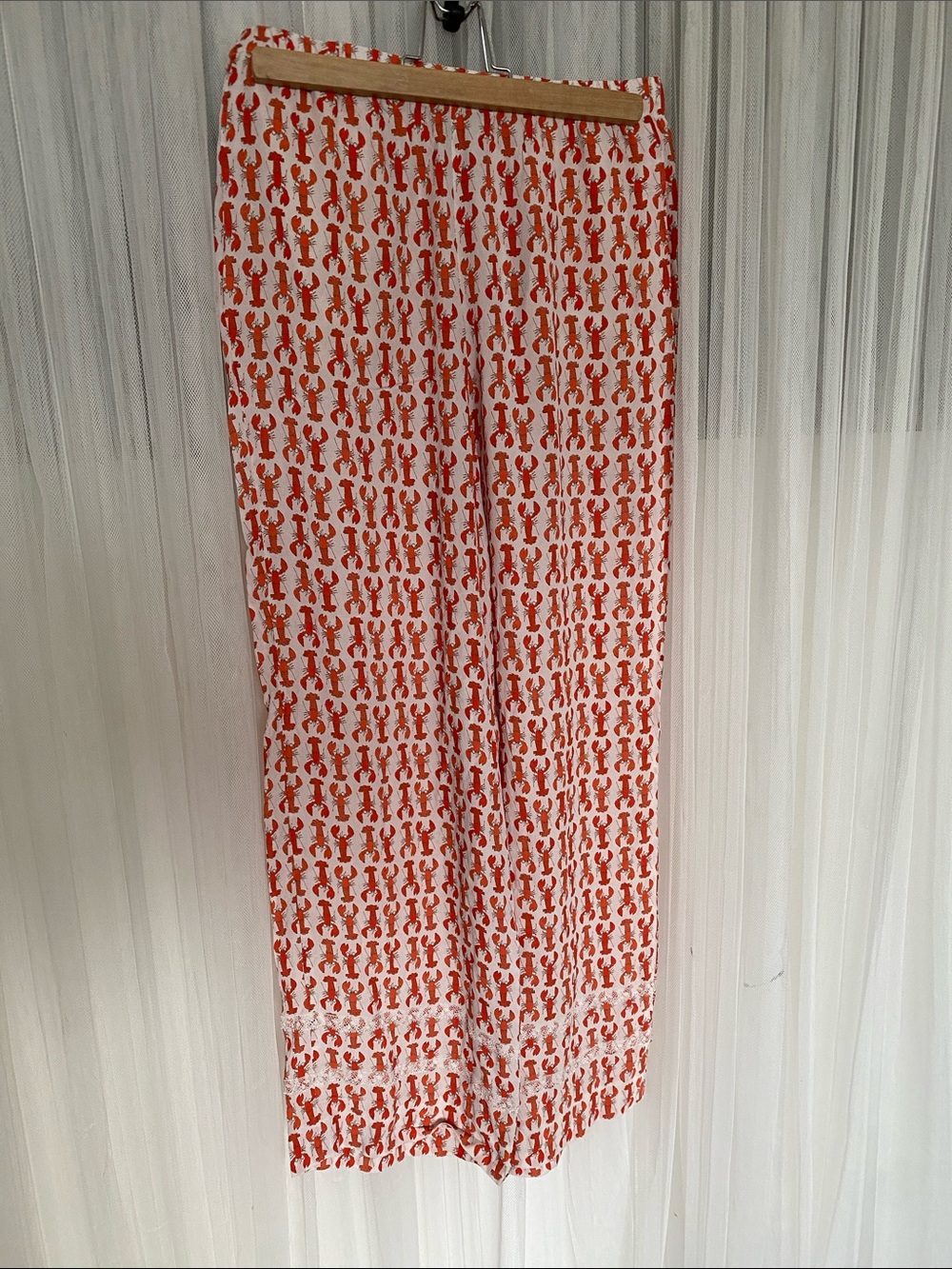 MarcCain White Wide-Leg Pant Viscose/Silk with Dark Orange Lobster Print Size 1